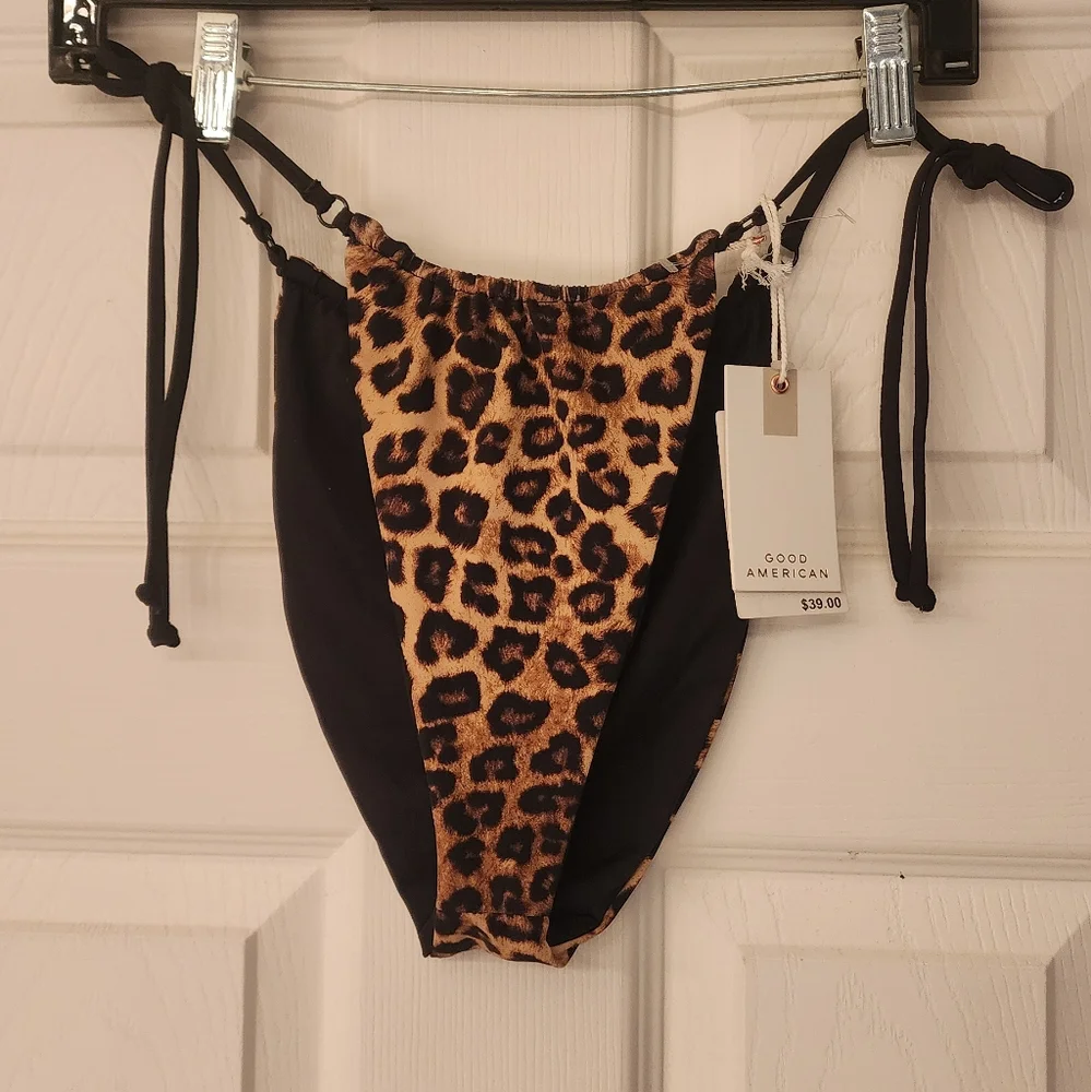 GOOD American Leopard Hi Cut Reversible Tanga Bikini Bottom Size MED